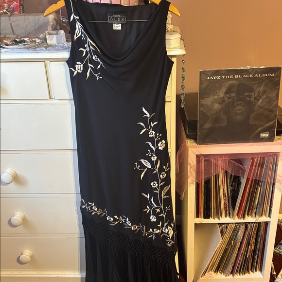 Vintage Dresses & Skirts - Vintage y2k Maxi Dress Long Dress Black Sue Wong Fringe Cowneck Embroidered